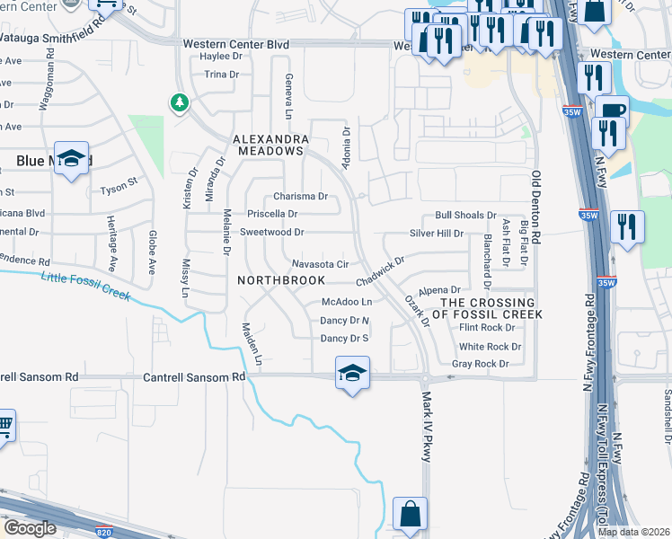 map of restaurants, bars, coffee shops, grocery stores, and more near 2428 Chadwick Drive in Fort Worth