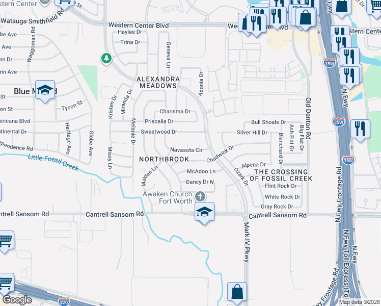 map of restaurants, bars, coffee shops, grocery stores, and more near 2428 Chadwick Drive in Fort Worth