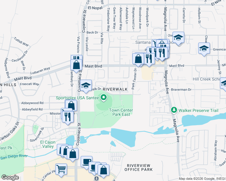 map of restaurants, bars, coffee shops, grocery stores, and more near 10037 Leavesly Trail in Santee