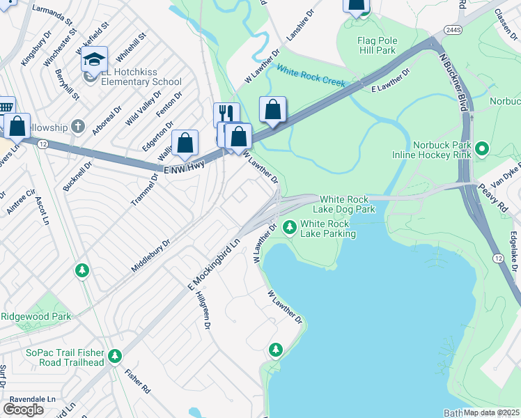 map of restaurants, bars, coffee shops, grocery stores, and more near Overlook Drive in Dallas