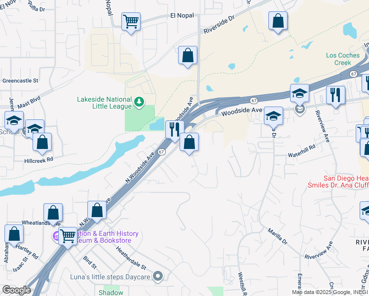 map of restaurants, bars, coffee shops, grocery stores, and more near 11529 Woodside Avenue in Santee