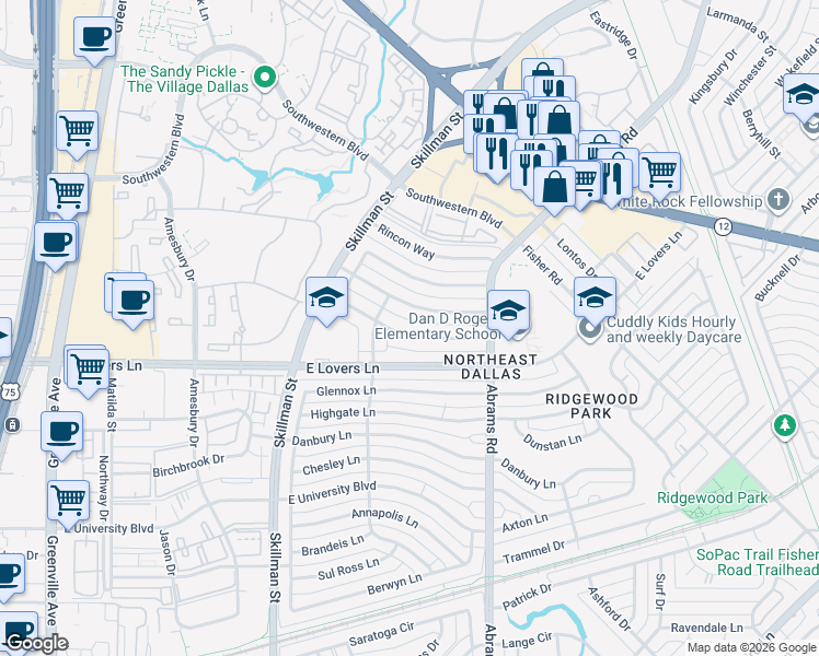 map of restaurants, bars, coffee shops, grocery stores, and more near 6233 Town Hill Lane in Dallas