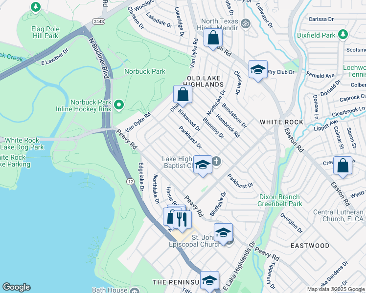 map of restaurants, bars, coffee shops, grocery stores, and more near Northlake Dr & Brookhurst Dr in Dallas