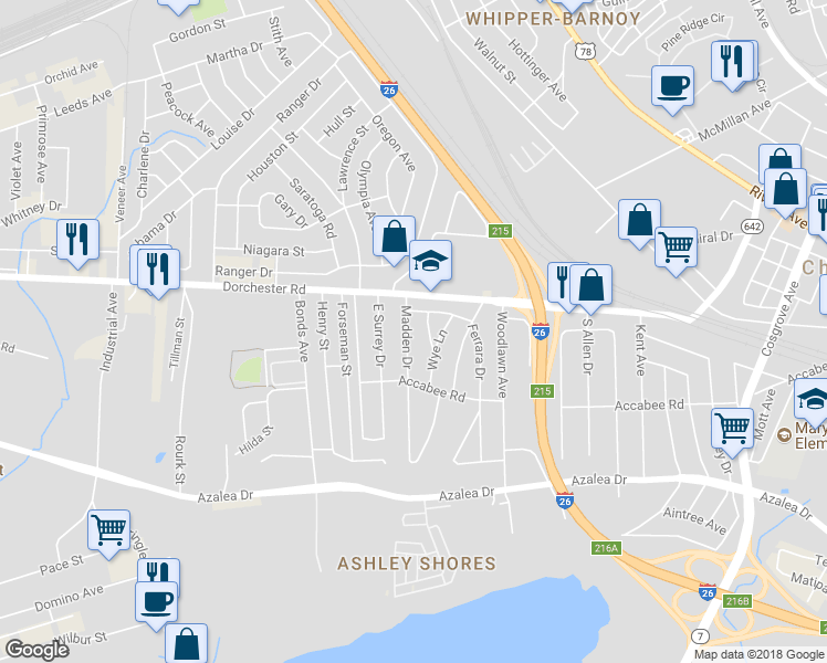 map of restaurants, bars, coffee shops, grocery stores, and more near 2616 Wye Lane in North Charleston