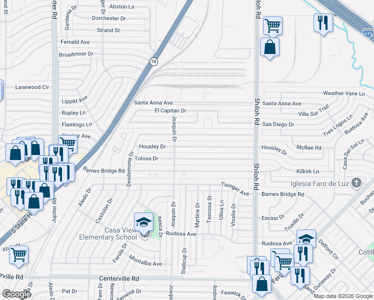 map of restaurants, bars, coffee shops, grocery stores, and more near 2322 Tolosa Drive in Dallas