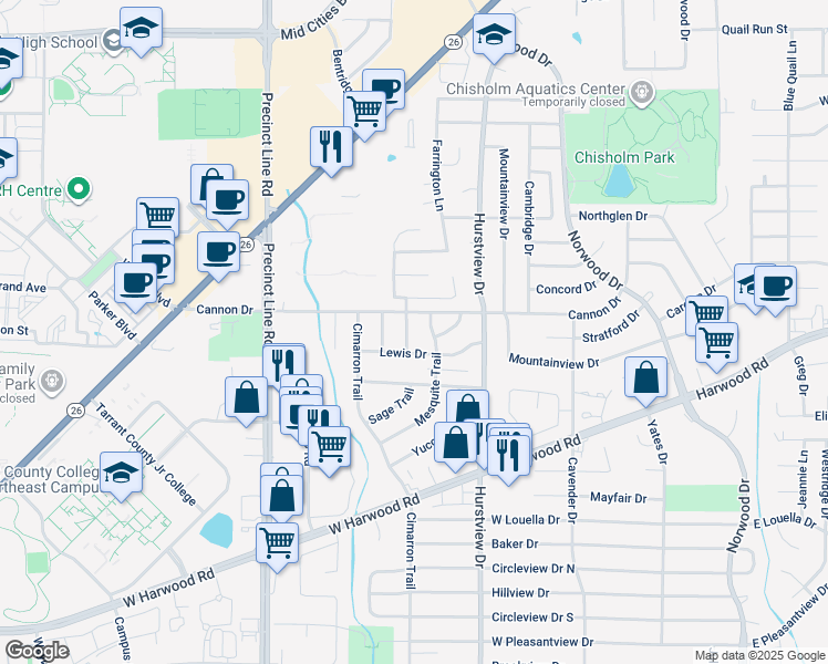 map of restaurants, bars, coffee shops, grocery stores, and more near 636 Lewis Drive in Hurst