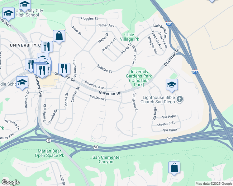 map of restaurants, bars, coffee shops, grocery stores, and more near 4550 Pavlov Avenue in San Diego