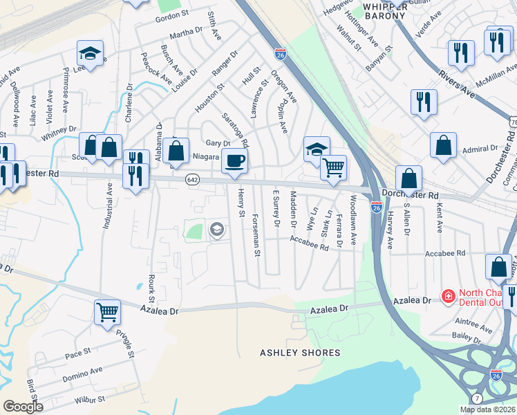 map of restaurants, bars, coffee shops, grocery stores, and more near 2728 West Surrey Drive in North Charleston