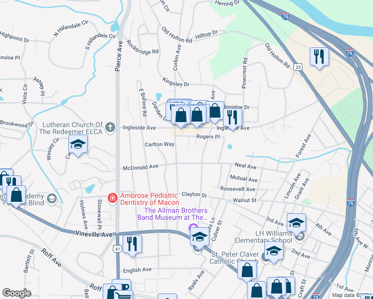 map of restaurants, bars, coffee shops, grocery stores, and more near 2355 McDonald Avenue in Macon