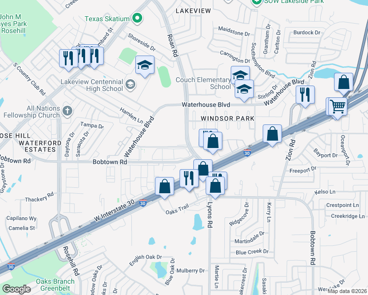 map of restaurants, bars, coffee shops, grocery stores, and more near 3830 Easton Meadows Drive in Garland
