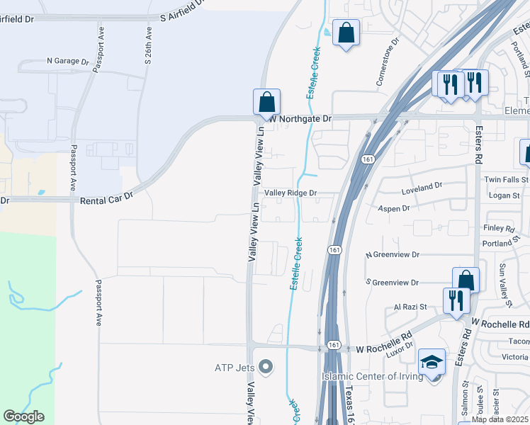 map of restaurants, bars, coffee shops, grocery stores, and more near 3608 Valley View Lane in Irving
