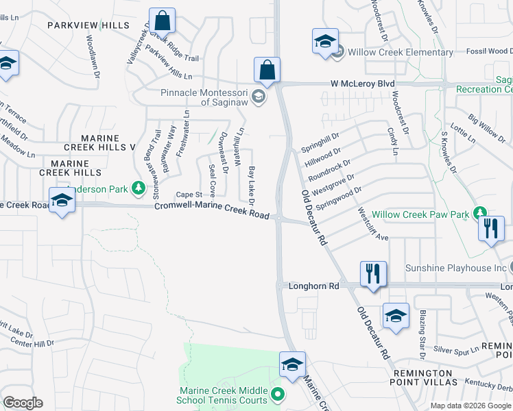 map of restaurants, bars, coffee shops, grocery stores, and more near 6300 Bay Lake Drive in Fort Worth