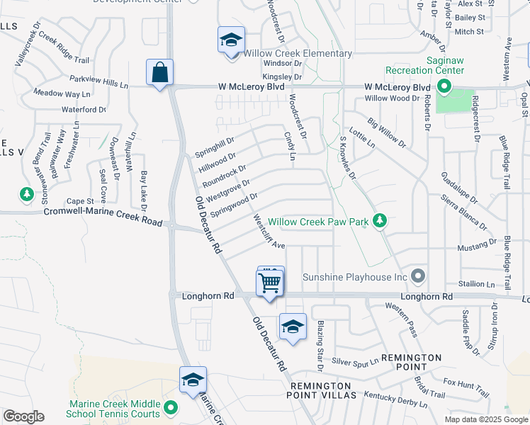 map of restaurants, bars, coffee shops, grocery stores, and more near 1081 West Hills Terrace in Fort Worth