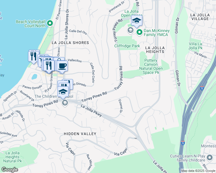 map of restaurants, bars, coffee shops, grocery stores, and more near 2610 Torrey Pines Road in San Diego