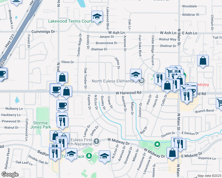 map of restaurants, bars, coffee shops, grocery stores, and more near 1015 Blanco Drive in Euless
