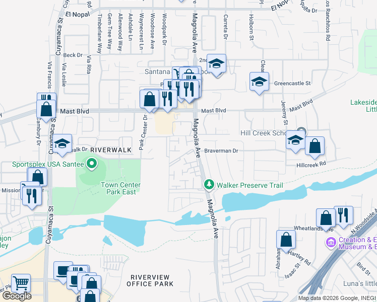 map of restaurants, bars, coffee shops, grocery stores, and more near 10374 Bart Way in Santee