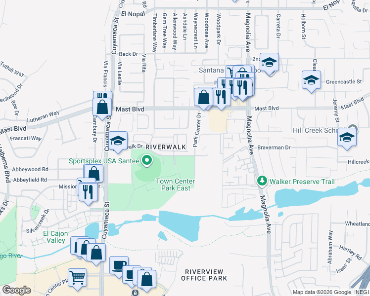 map of restaurants, bars, coffee shops, grocery stores, and more near 10185 Riverwalk Drive in Santee