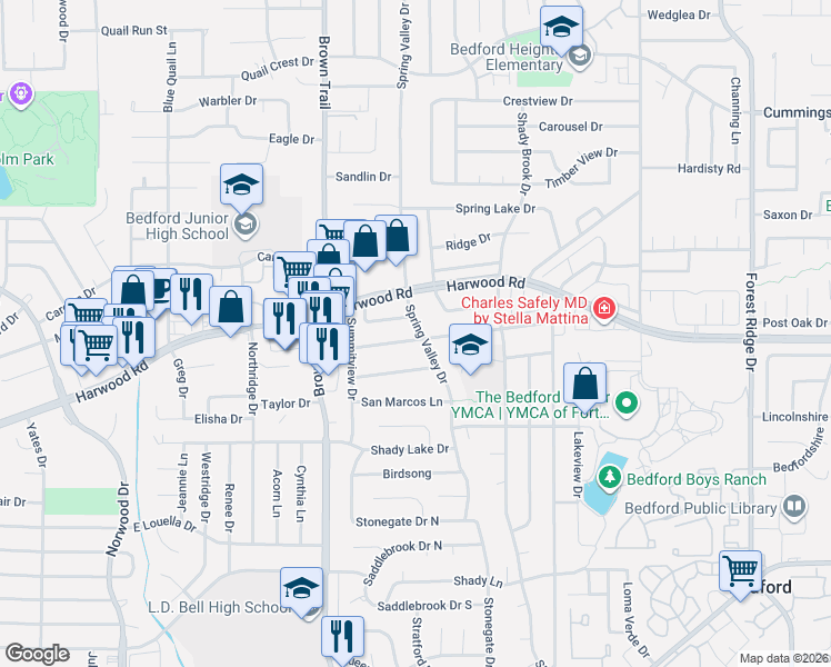map of restaurants, bars, coffee shops, grocery stores, and more near 837 Spring Brook Drive in Bedford