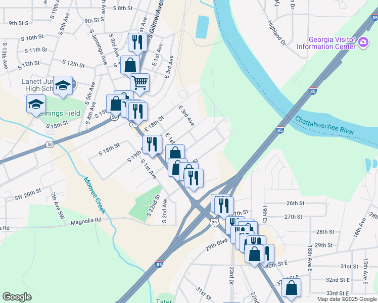map of restaurants, bars, coffee shops, grocery stores, and more near 105 East 22nd Street in Lanett
