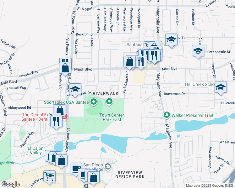 map of restaurants, bars, coffee shops, grocery stores, and more near 10112 Star Mangolia Lane in Santee