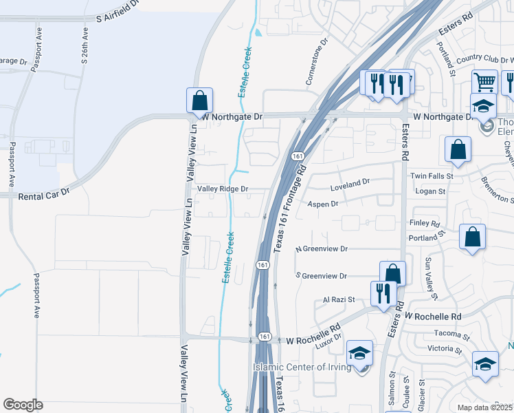 map of restaurants, bars, coffee shops, grocery stores, and more near 4902 Valley Ridge Drive in Irving