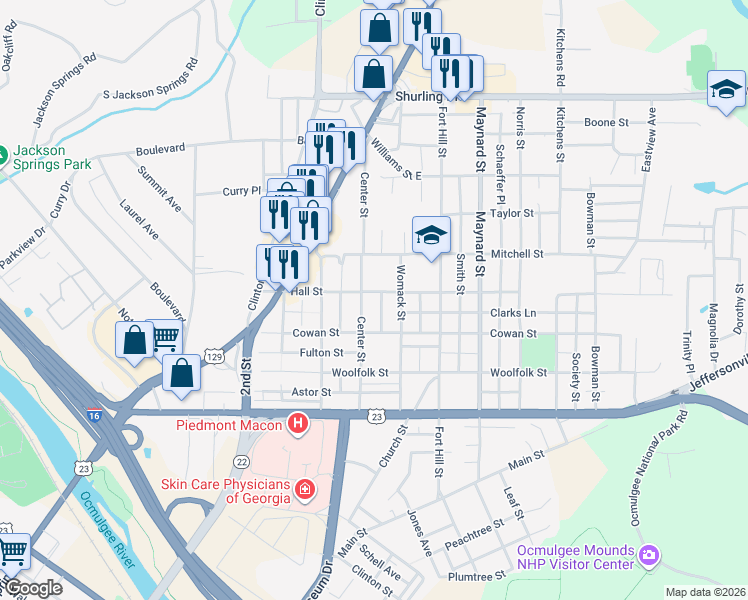 map of restaurants, bars, coffee shops, grocery stores, and more near 928 Center Street in Macon