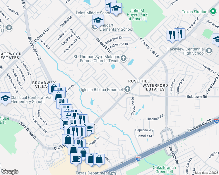 map of restaurants, bars, coffee shops, grocery stores, and more near 936 Meadowdale Circle in Garland