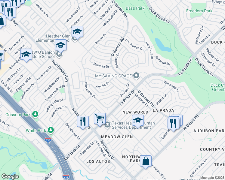 map of restaurants, bars, coffee shops, grocery stores, and more near 525 San Clemente Drive in Garland