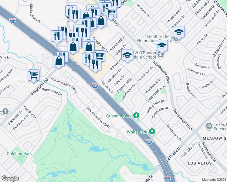map of restaurants, bars, coffee shops, grocery stores, and more near 1121 Tahoe Drive in Garland