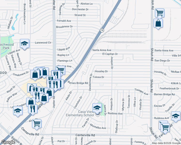 map of restaurants, bars, coffee shops, grocery stores, and more near 11609 Desdemona Drive in Dallas