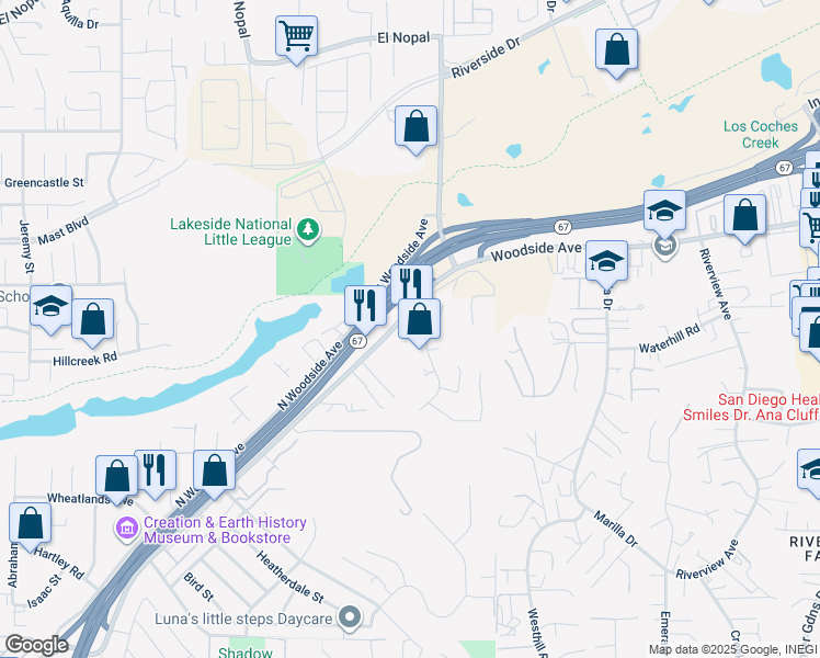 map of restaurants, bars, coffee shops, grocery stores, and more near 11529 Woodside Avenue in Santee