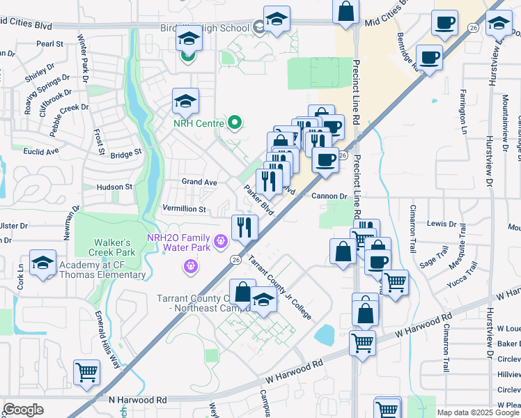 map of restaurants, bars, coffee shops, grocery stores, and more near 6021 Parker Boulevard in North Richland Hills