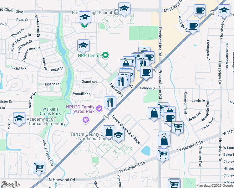 map of restaurants, bars, coffee shops, grocery stores, and more near 6021 Parker Boulevard in North Richland Hills