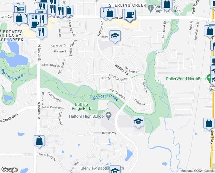 map of restaurants, bars, coffee shops, grocery stores, and more near 5704 San Felipe Drive in Haltom City