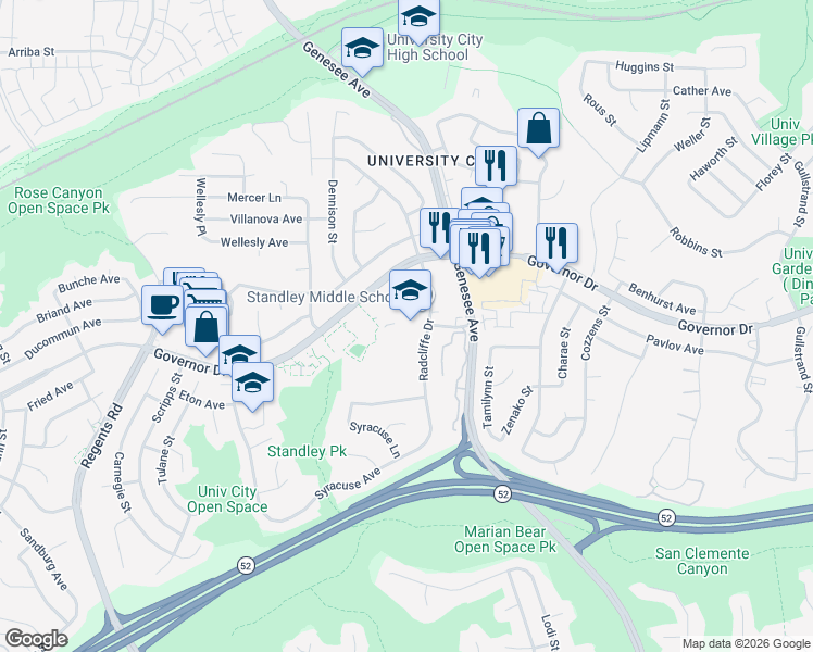 map of restaurants, bars, coffee shops, grocery stores, and more near 6298 Radcliffe Drive in San Diego