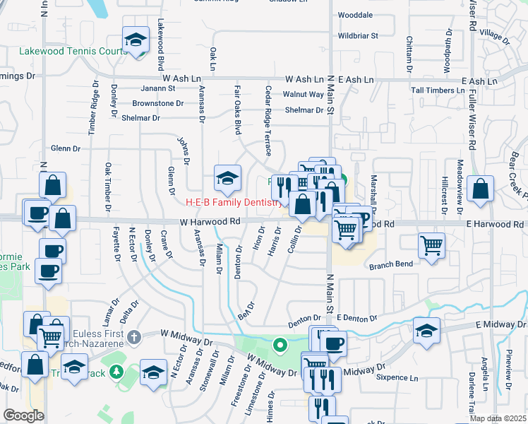 map of restaurants, bars, coffee shops, grocery stores, and more near 301 Fair Oaks Boulevard in Euless