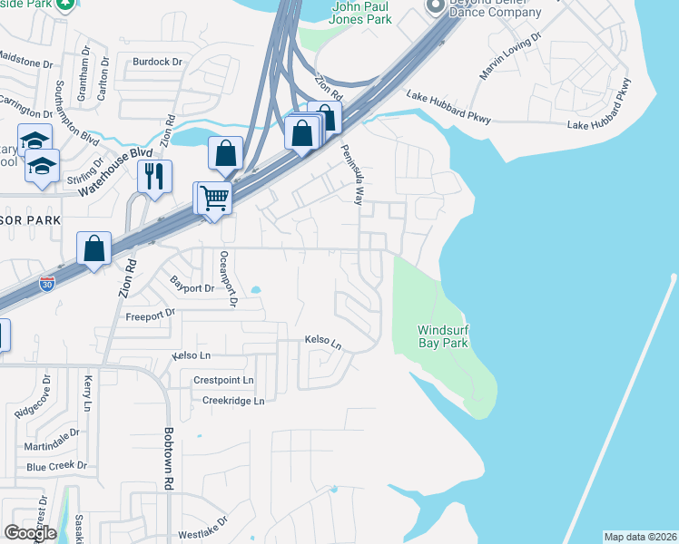 map of restaurants, bars, coffee shops, grocery stores, and more near 5303 Peninsula Way in Garland