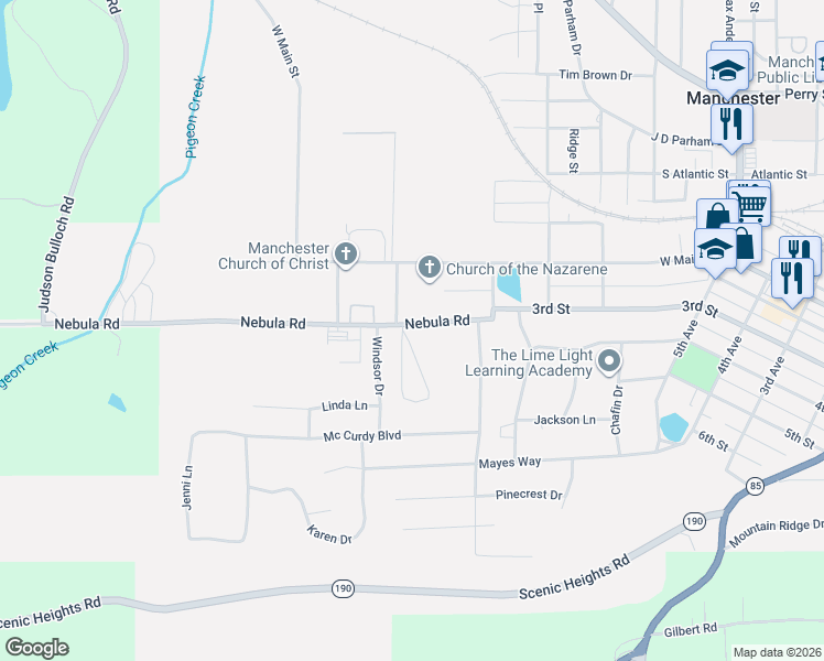 map of restaurants, bars, coffee shops, grocery stores, and more near 411 East Broxton Lane in Manchester