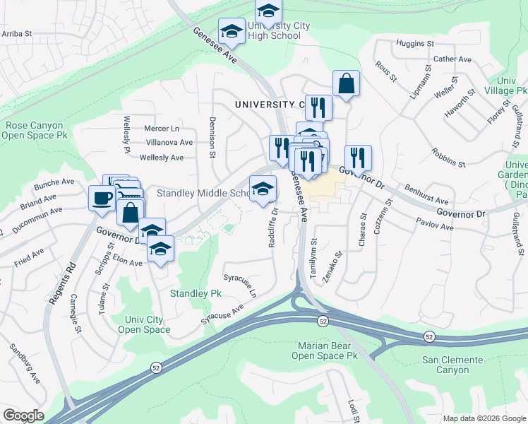 map of restaurants, bars, coffee shops, grocery stores, and more near 3577 Governor Drive in San Diego