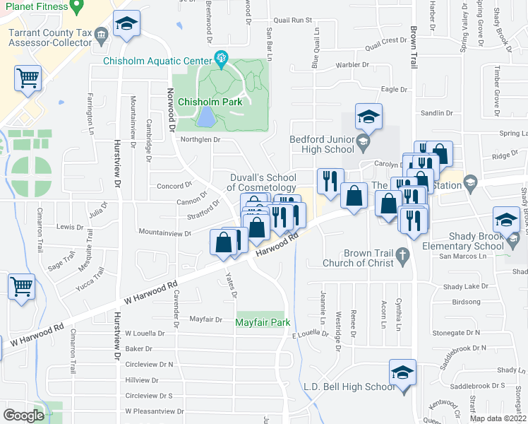 map of restaurants, bars, coffee shops, grocery stores, and more near 225 Mountainview Drive in Hurst