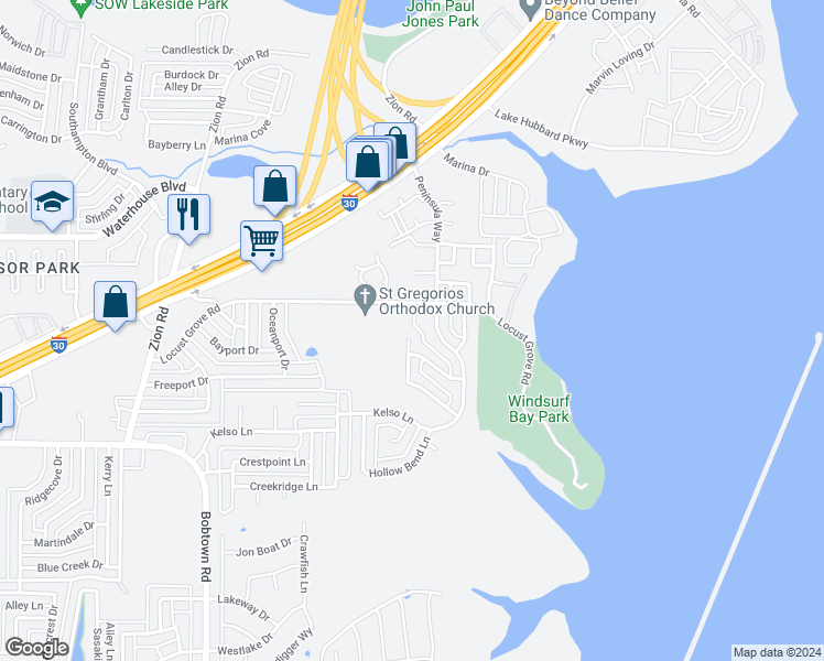map of restaurants, bars, coffee shops, grocery stores, and more near 5302 Deep Canyon Drive in Garland