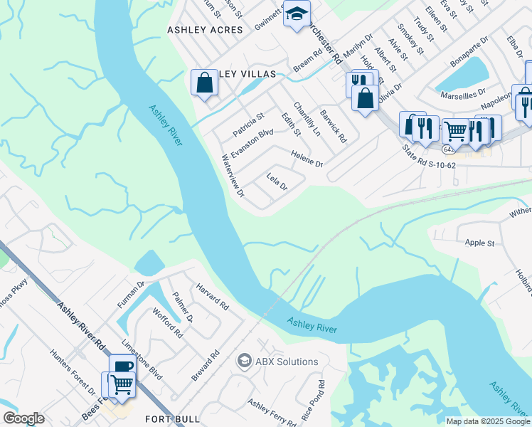 map of restaurants, bars, coffee shops, grocery stores, and more near 4304 Waterview Circle in North Charleston
