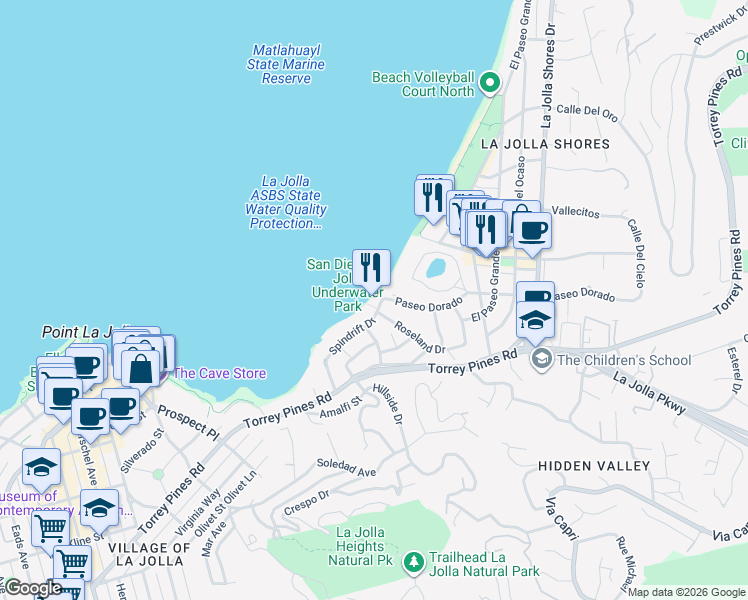 map of restaurants, bars, coffee shops, grocery stores, and more near 2000 Spindrift Drive in San Diego