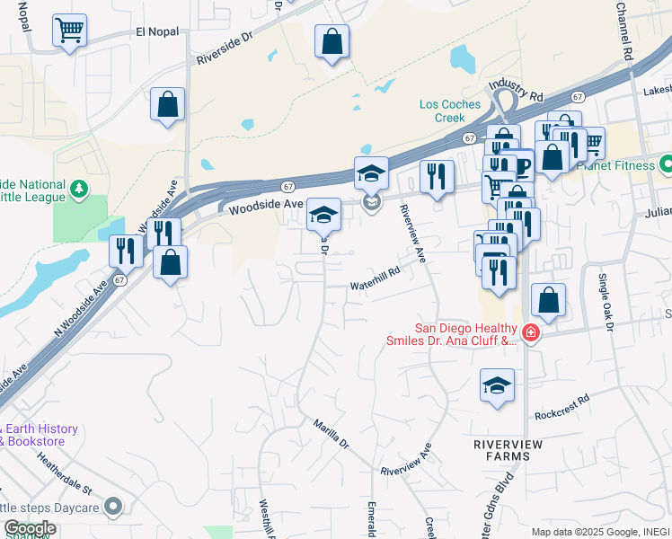 map of restaurants, bars, coffee shops, grocery stores, and more near 9707 Marilla Drive in Lakeside