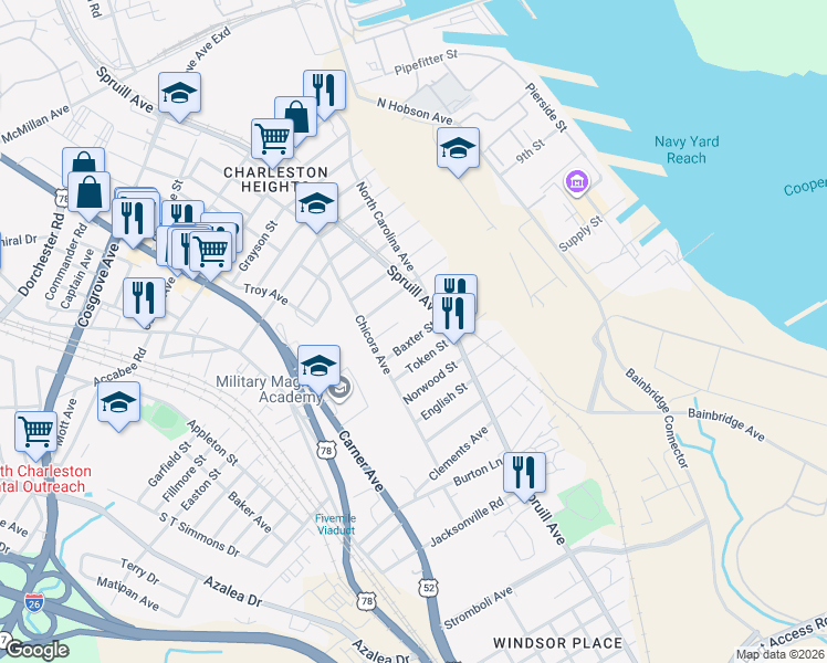 map of restaurants, bars, coffee shops, grocery stores, and more near 3027 Iris Street in North Charleston