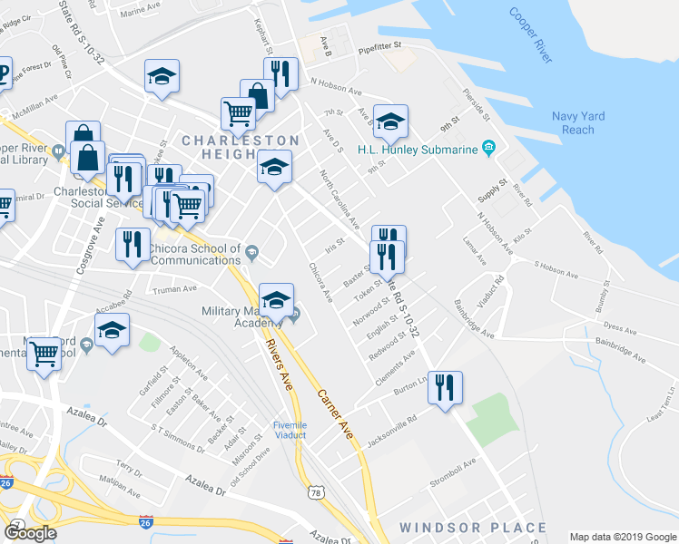 map of restaurants, bars, coffee shops, grocery stores, and more near 1919 Iris Street in North Charleston