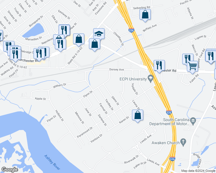 map of restaurants, bars, coffee shops, grocery stores, and more near 4131 Flynn Drive in North Charleston