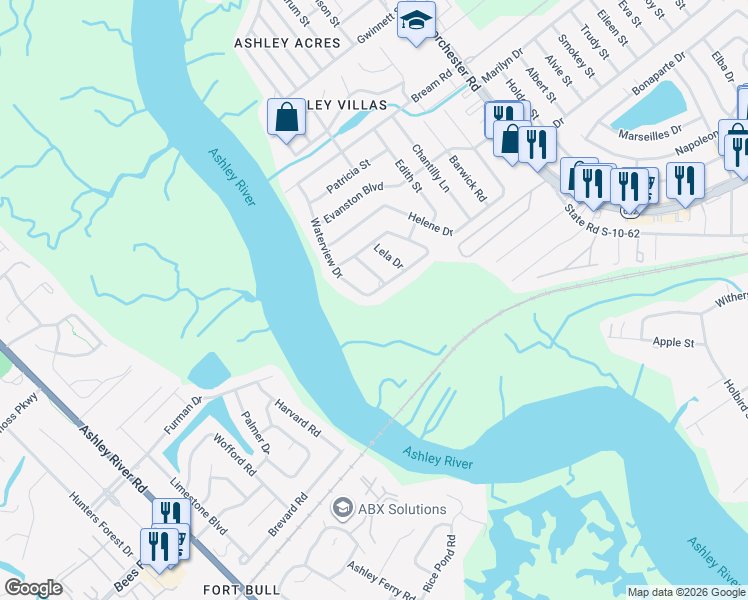 map of restaurants, bars, coffee shops, grocery stores, and more near 4304 Waterview Circle in North Charleston