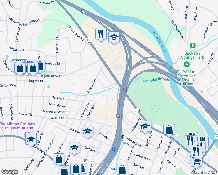 map of restaurants, bars, coffee shops, grocery stores, and more near 1929 Mallory Drive in Macon