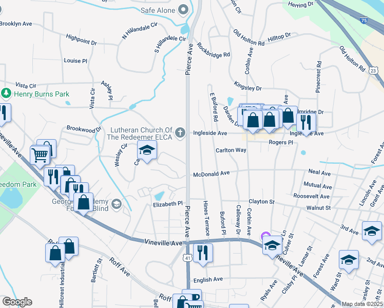 map of restaurants, bars, coffee shops, grocery stores, and more near 375 Pierce Avenue in Macon